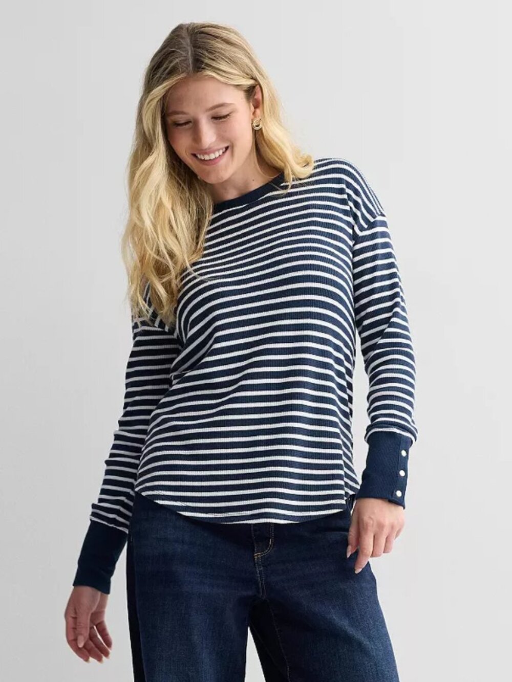Women's Sonoma Goods For Life Cozy Waffle Pullover Top in Navy Stripe - Small